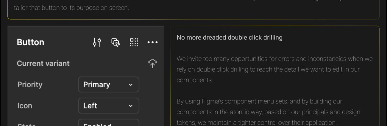Figma button component panel showing Priority, Icon, State, and Size properties controlled atomically.