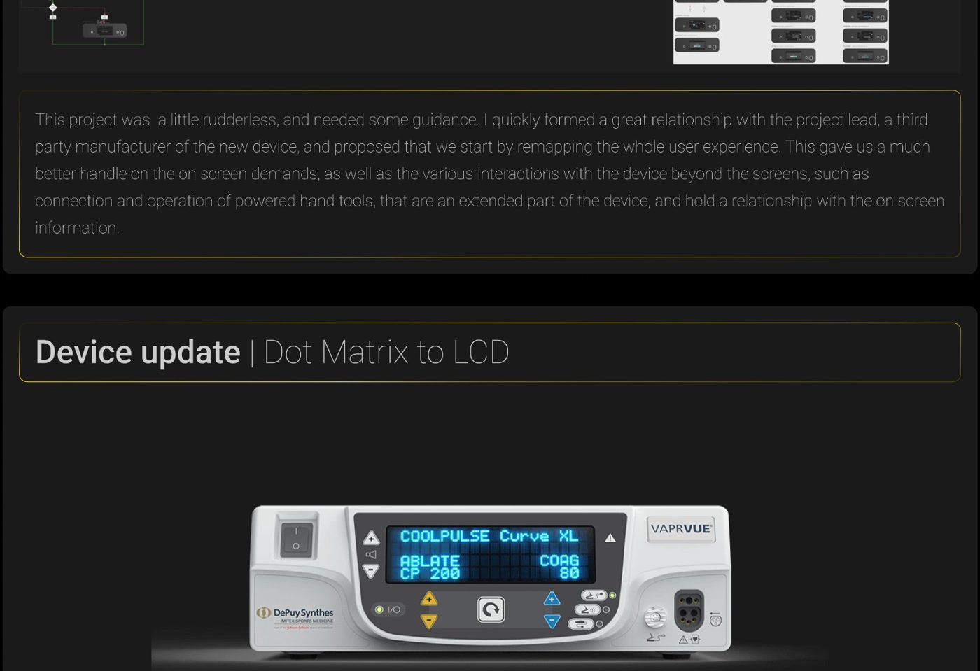 VAPR CoolPulse Curve XL surgical device, showing the transition from dot-matrix display to touchscreen.