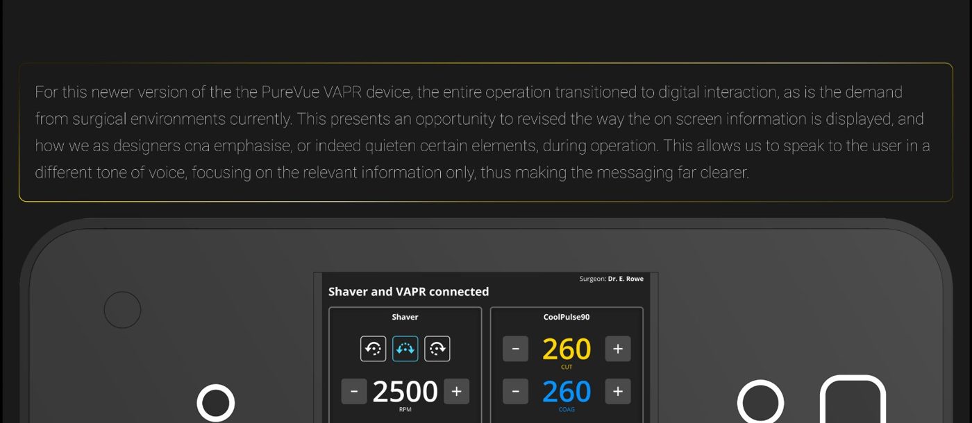 PureVue touchscreen interface showing connected Shaver and VAPR device readouts with RPM data large and central.