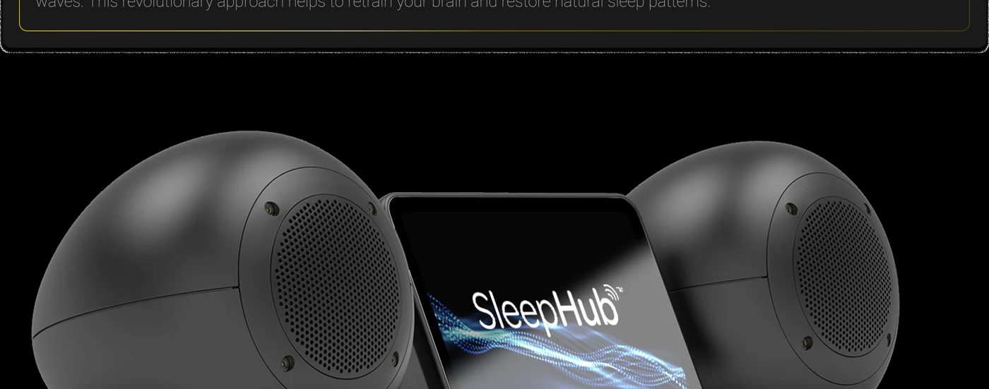 SleepHub bedside sleep device, showing two speaker pods either side of a central touchscreen display.