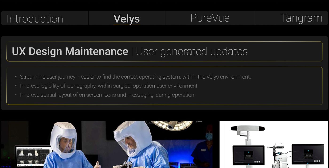 Velys robotic-assisted surgical system in use in an operating theatre, alongside the device's touchscreen console.